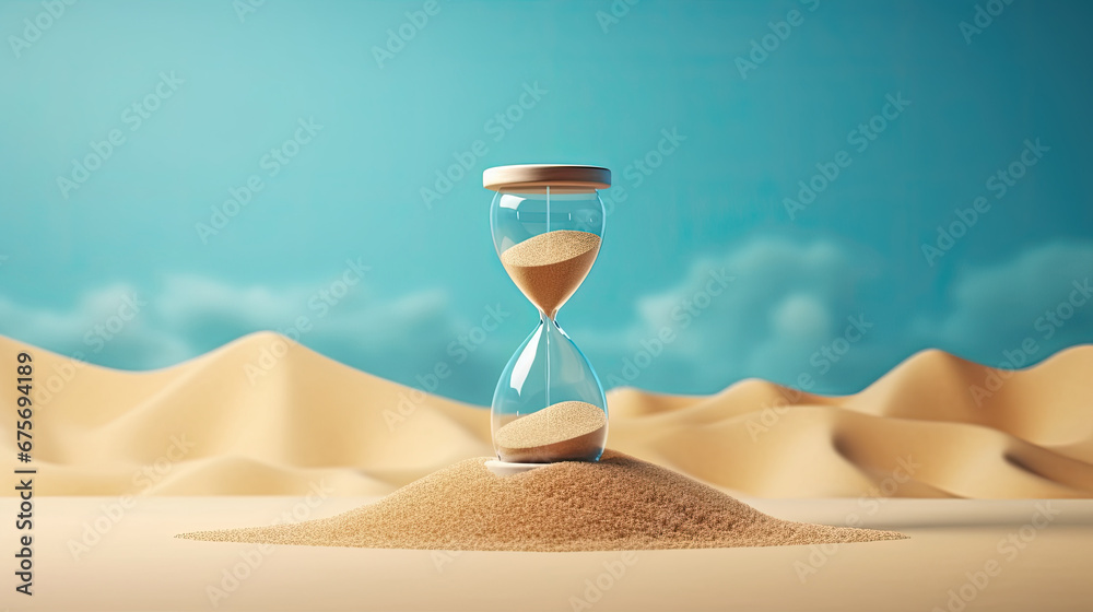 Hourglass with blue sand inside in a warm golden morning sunlight with shadow on a sandy beach and sea background, starting time for a new day or running of time. Concept of the rapid passage of time.