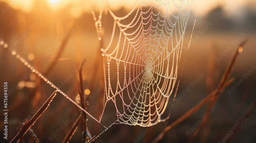 spider web in the morning dew,Cold dew condensing on a spider web