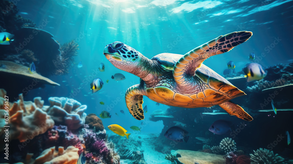 turtle swimming among fishes in blue water of ocean. Beautiful nature underwater world concept,