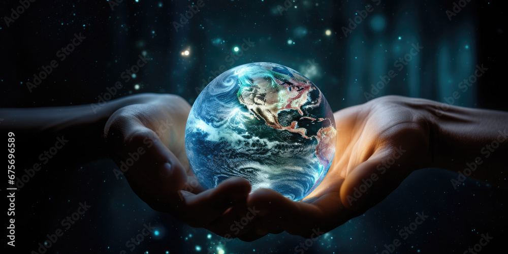 Earth at night was holding in human hands. Earth day. Energy saving concept