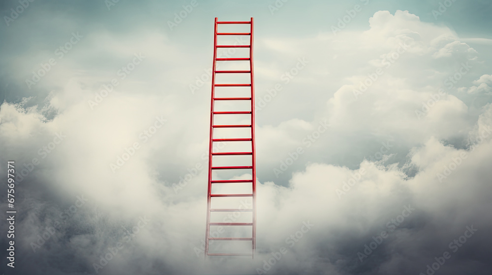 goal reching concept with red ladder reaching the clouds. Concept for growth and internet cloud networking.