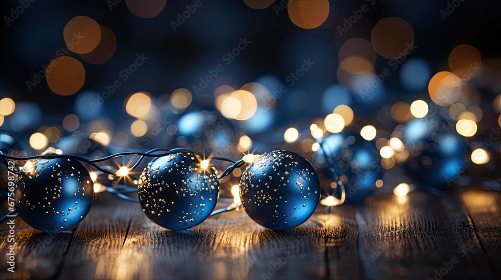 holiday illumination and decoration concept - christmas garland bokeh lights over dark blue background