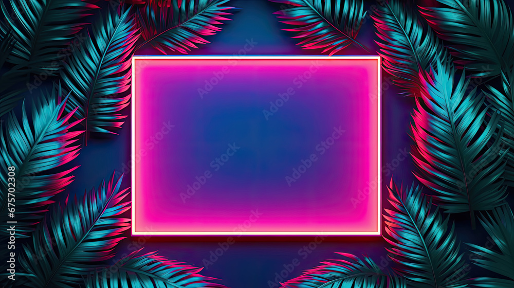 cyber frame on fresh palm leaves with copy space. Urban, futuristic background concept.