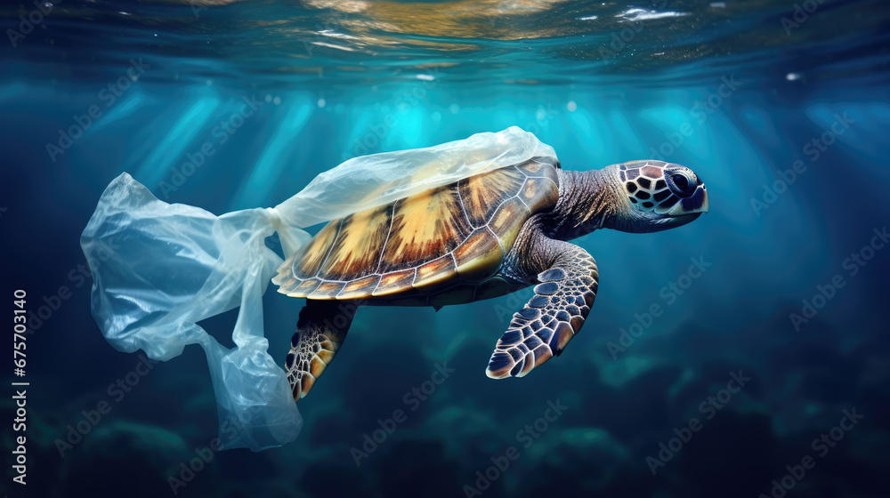  turtle with transparent plastic bag swimming underwater representing concept of environmental pollution, illustration