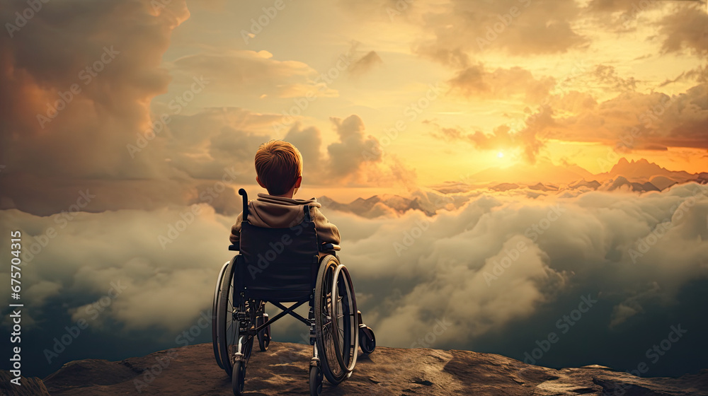 Overcoming obstacles and reaching your goal concept with young child in wheelchair standing on mountain top at sunset