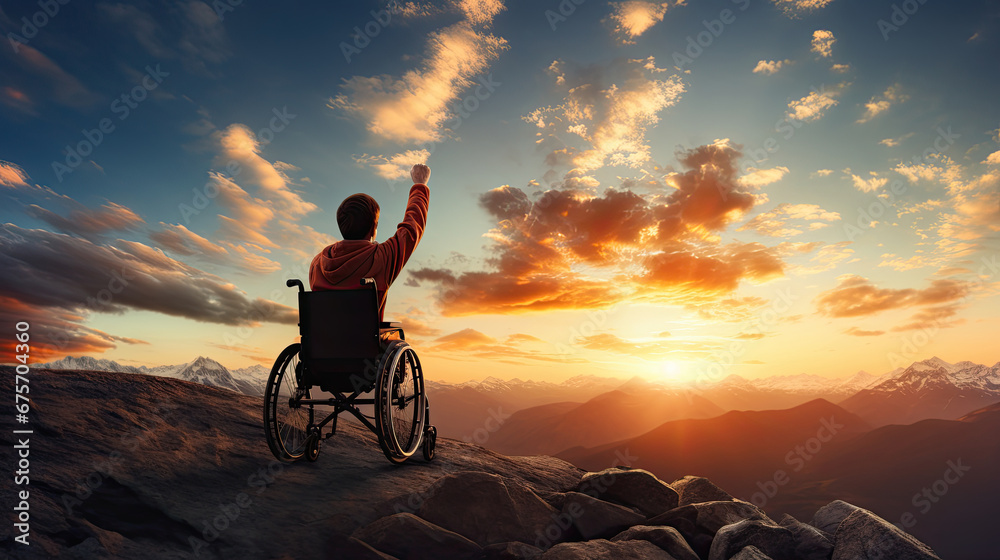 Overcoming obstacles and reaching your goal concept with young child in wheelchair standing on mountain top at sunset