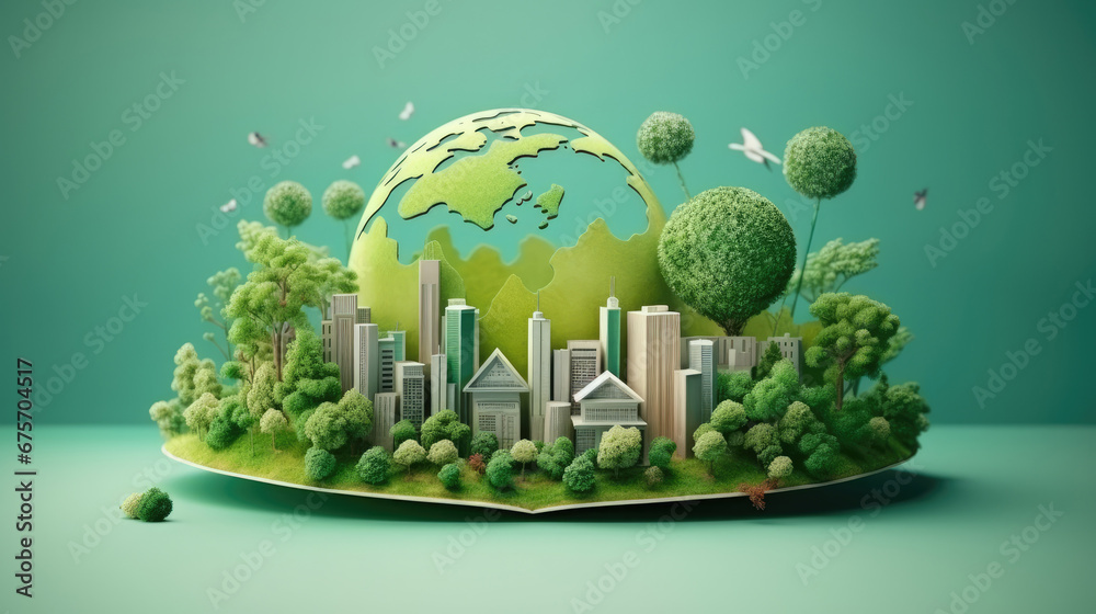 Open book with green world made in paper style, Green world in cute style, environment preservation concept, eco green