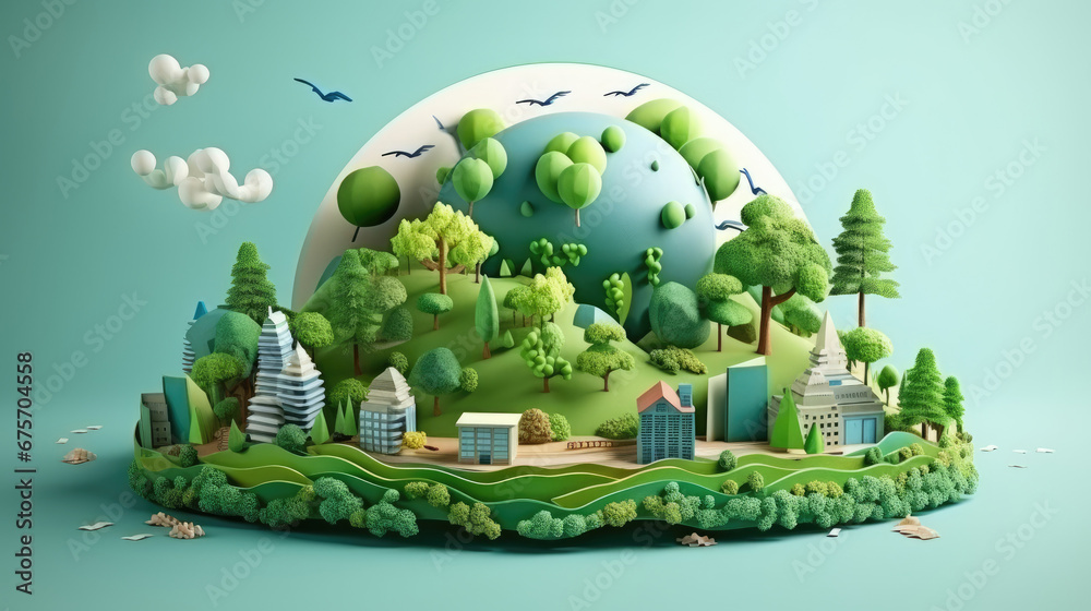 Open book with green world made in paper style, Green world in cute style, environment preservation concept, eco green