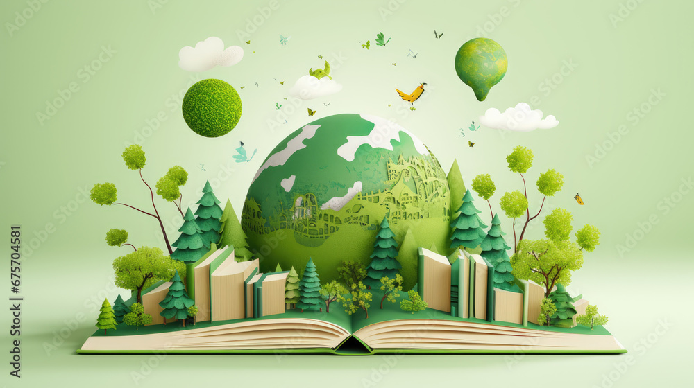 Open book with green world made in paper style, Green world in cute style, environment preservation concept, eco green