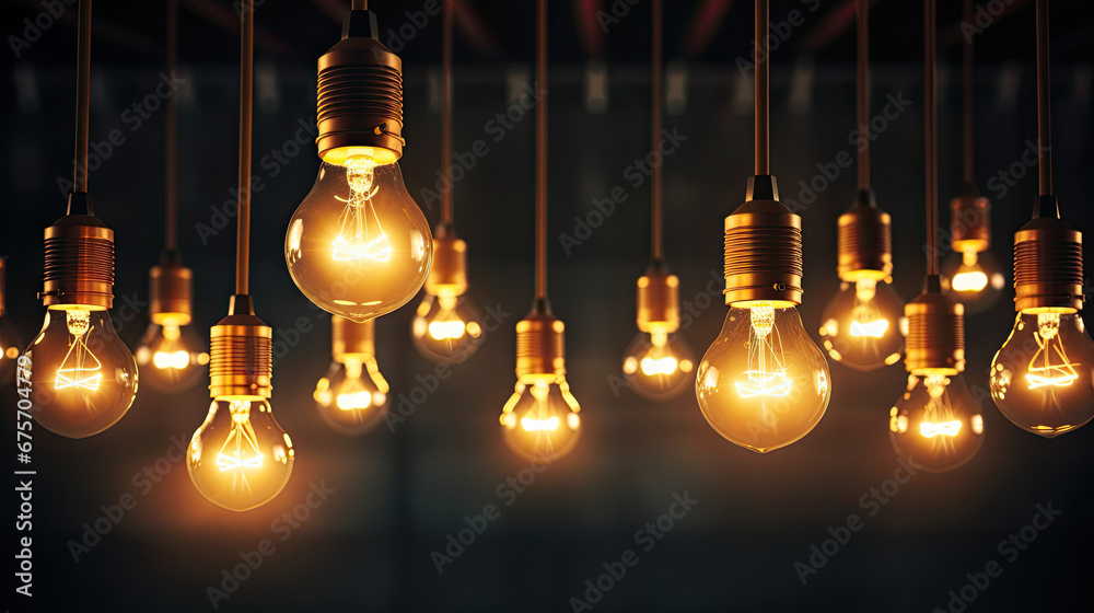 Vintage tungsten filament multiple lamps. Decorative incandescent bulbs in Edison style on dark background. Lamp. Hanging decorative. Suspended under the ceiling light bulbs,. Idea concept. Teamwork