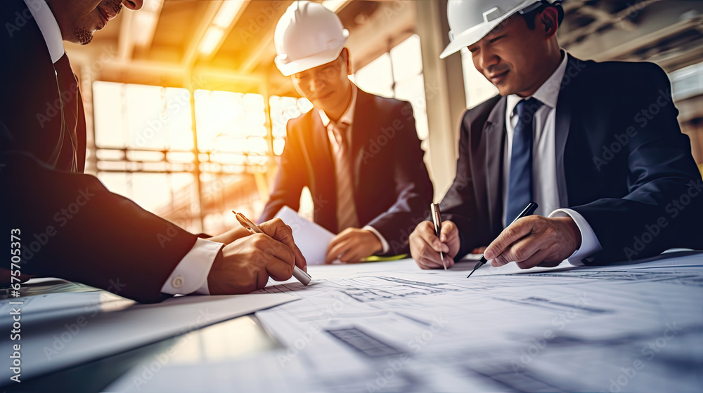 Smart Construction Project management system concept, Engineer using a digital tablet on a construction site.