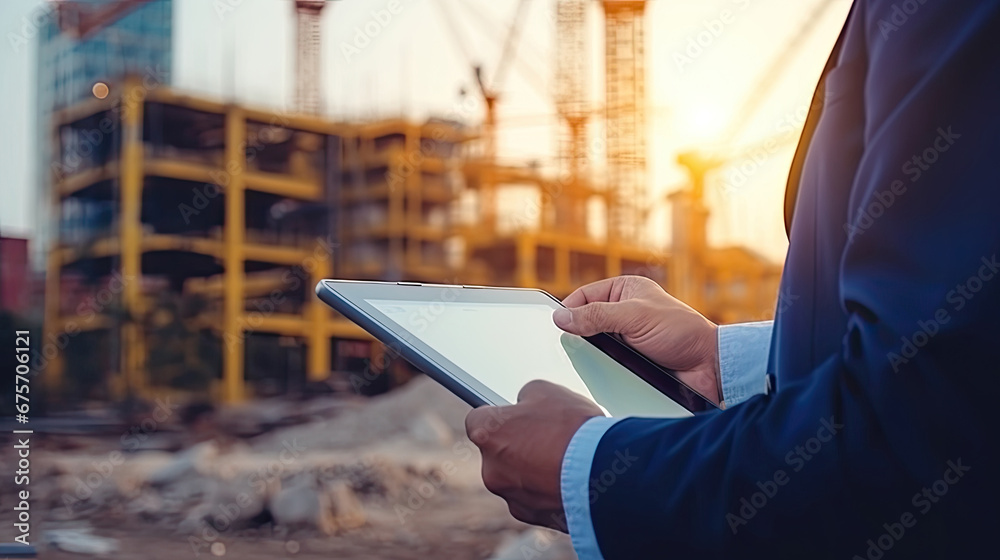 Smart Construction Project management system concept, Engineer using a digital tablet on a construction site.