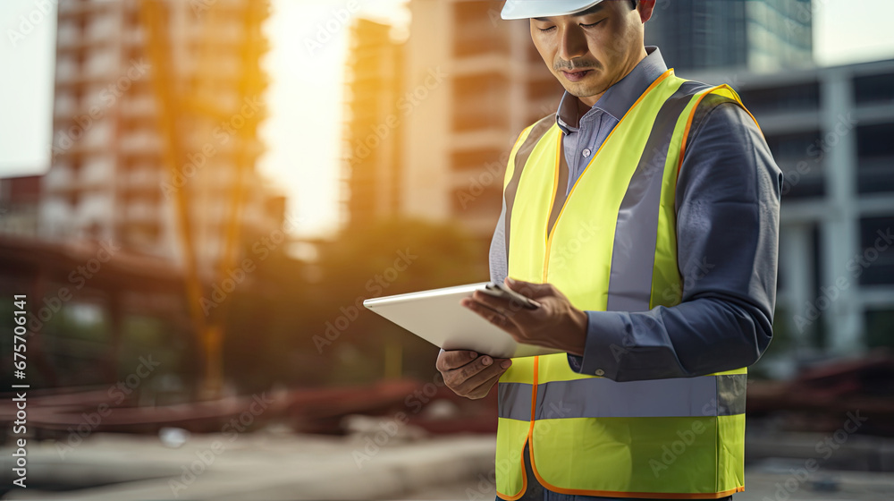 Smart Construction Project management system concept, Engineer using a digital tablet on a construction site.