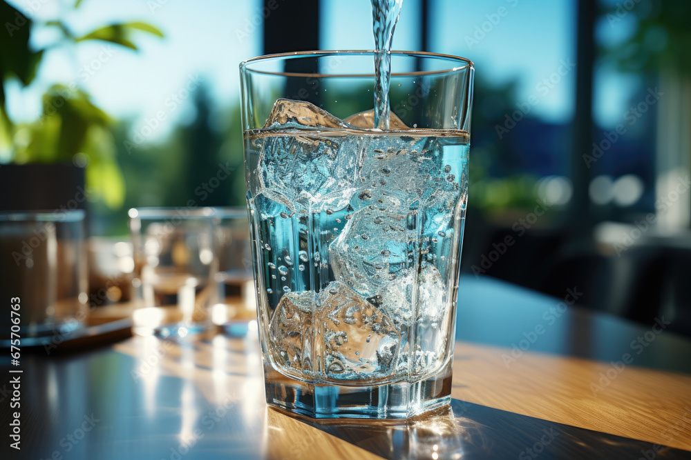 A stream of clear transparent cold water is poured into a glass beaker on blue background