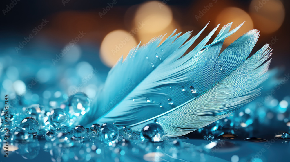 Transparent turquoise drop of pure water on blue feather on  blurred background