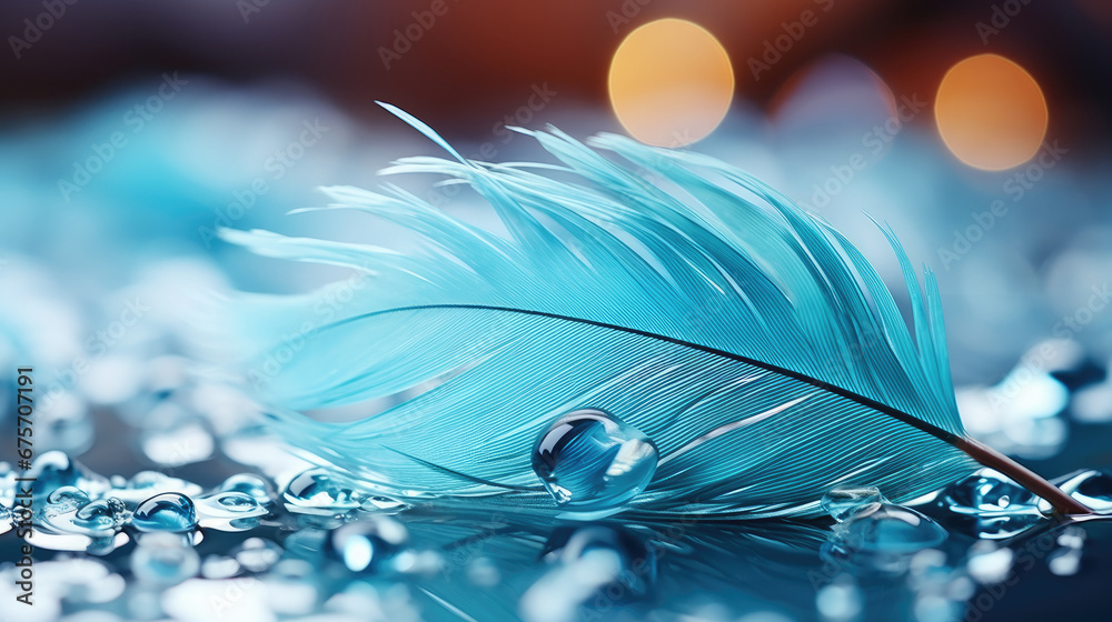 Transparent turquoise drop of pure water on blue feather on  blurred background