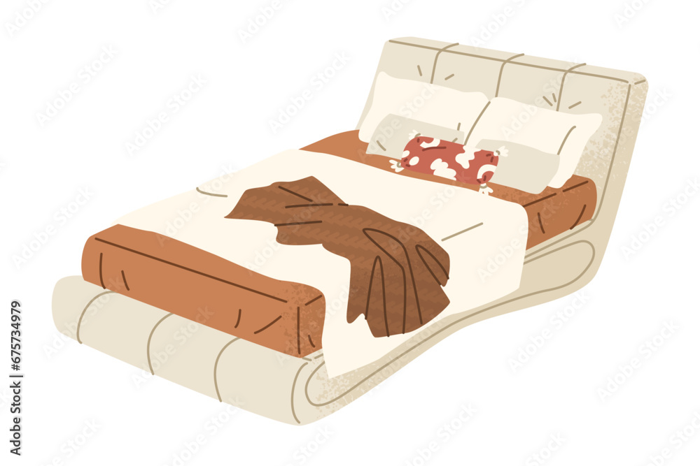 Modern empty double bed with soft beige upholstery and stylish accessories. Bed sheets. Bedroom decor, cozy home interior. Isolated vector illustration in cartoon style.