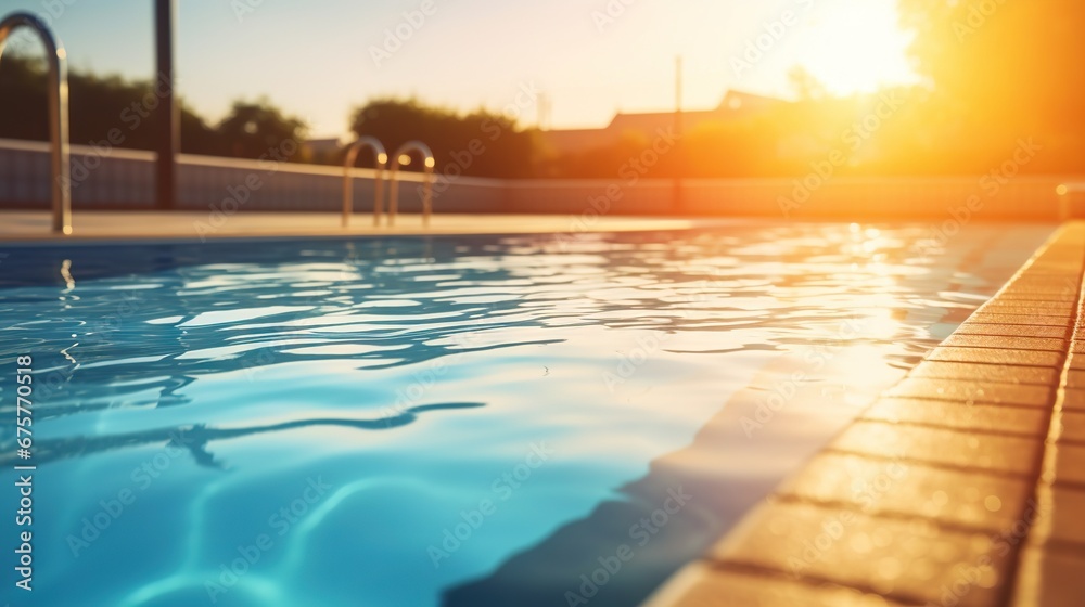 Calm water surface in the empty swimming pool of the sports center, sunrise. Generative AI