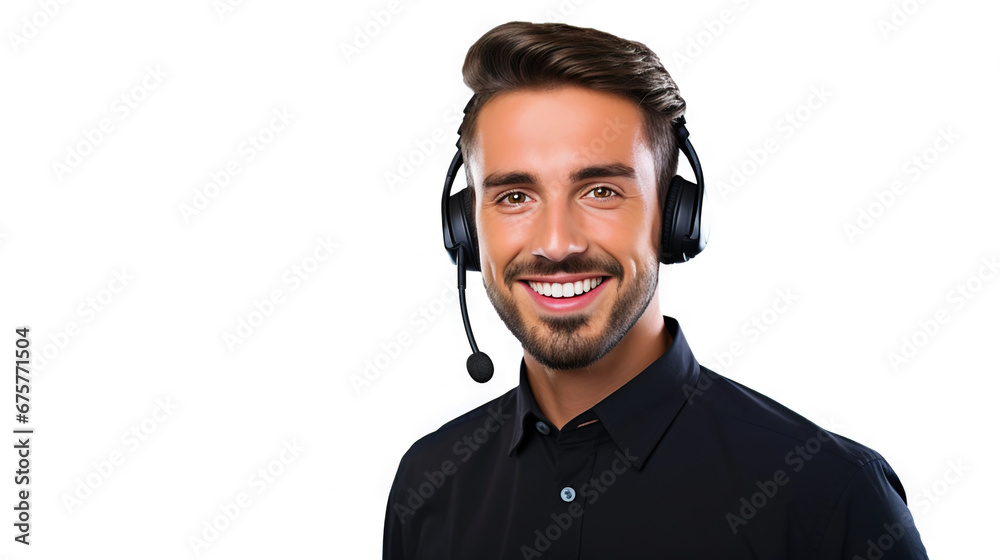 Male customer service representative in headset consulting clients online. Call center agent. Generative AI