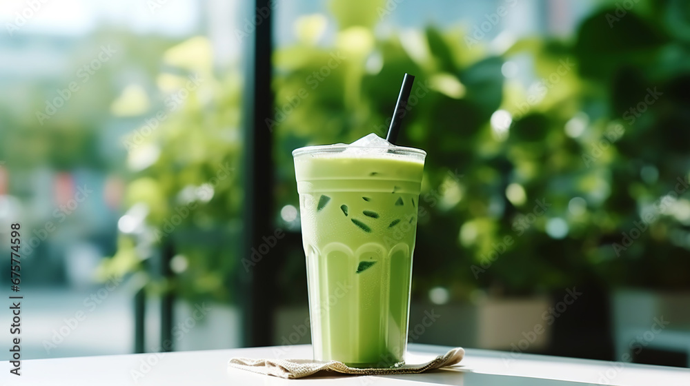 Closeup of iced matcha latte in a stylish glass on sunny background in front of the window in a cafe. Generative AI