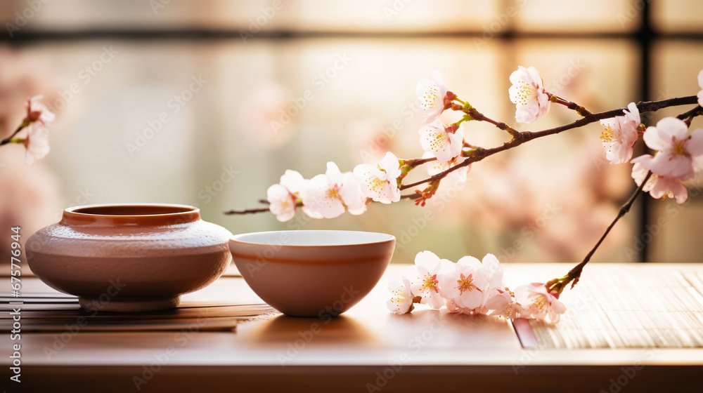 Tea ceremony, traditional teapot and ceramic cups on wooden tray on light background with sakura blossoms. Generative AI