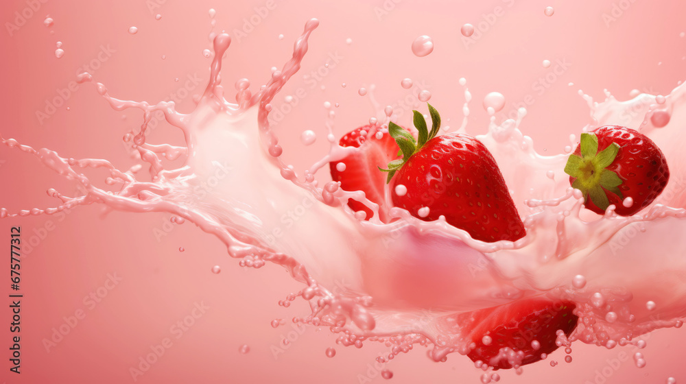 Milk splash with strawberries. Sweet dessert cream. Milkshake concept. Generative AI