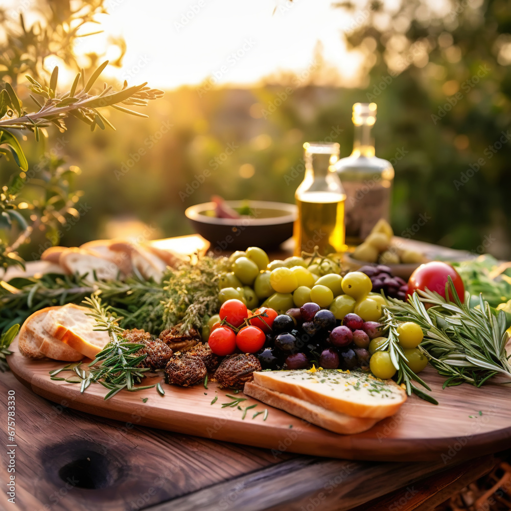 Mediterranean brunch with delicious tomatoes, ciabatta, olives, rosemary and cheese in an olive garden. Generative AI