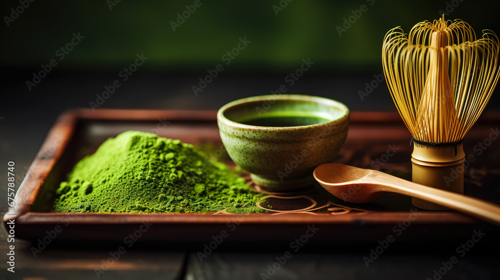 Closeup of matcha tea powder in a wooden plate with whisk on dark background, side view, copy space. Generative AI