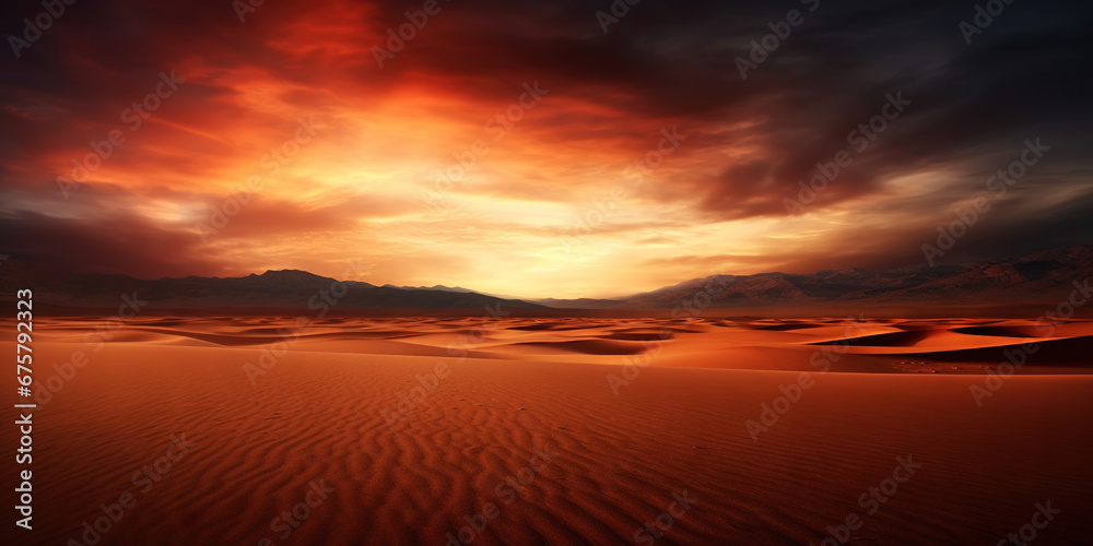 Dramatic sky over desert. Dark clouds over sand dunes. Generative AI