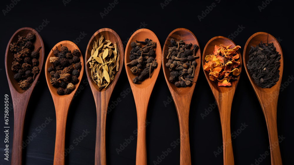 Different types of tea and herbs in vintage wood spoons, top view on dark background. Copy space. Generative AI