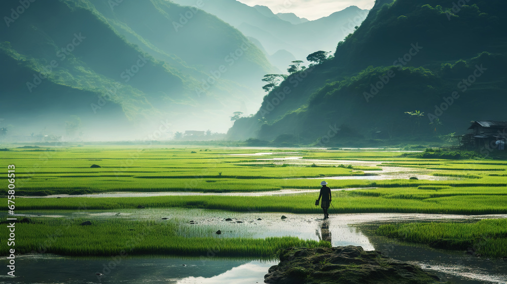 Beautiful mystery green rice fields covered by morning fog, mountain in the background. Generative AI