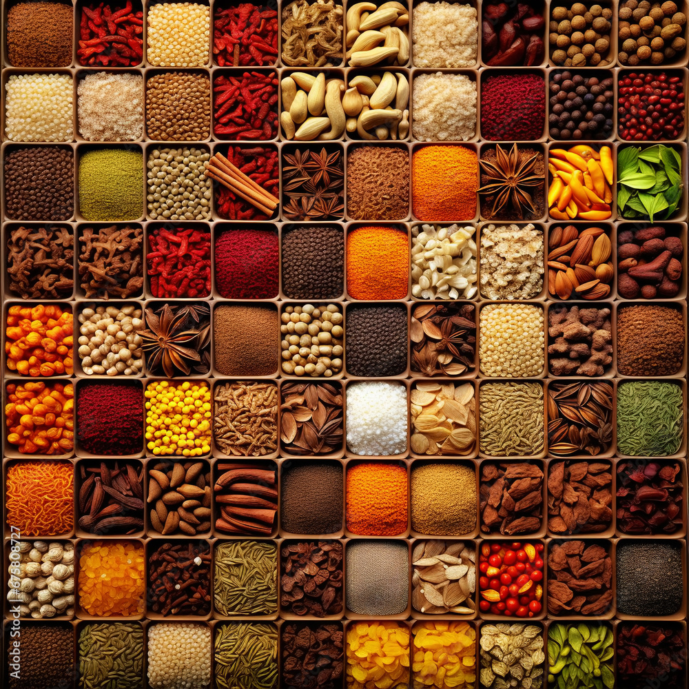 Collection of different aromatic spices and seeds in a wooden cells on black background, view from above. Generative AI