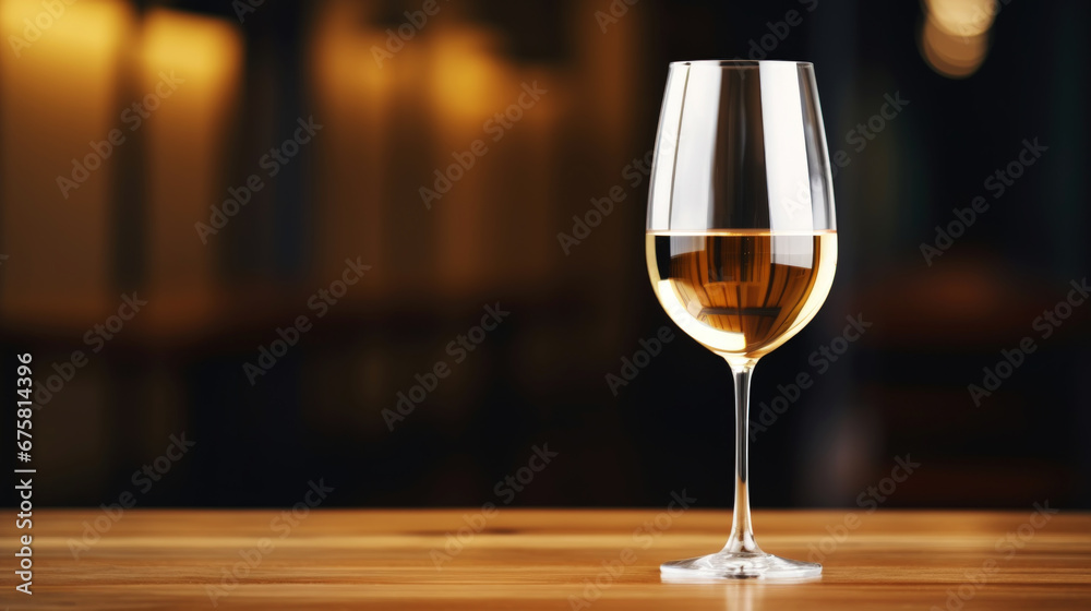 Elegant glass of white wine on blurred bar background. Wine industry concept. Generative AI