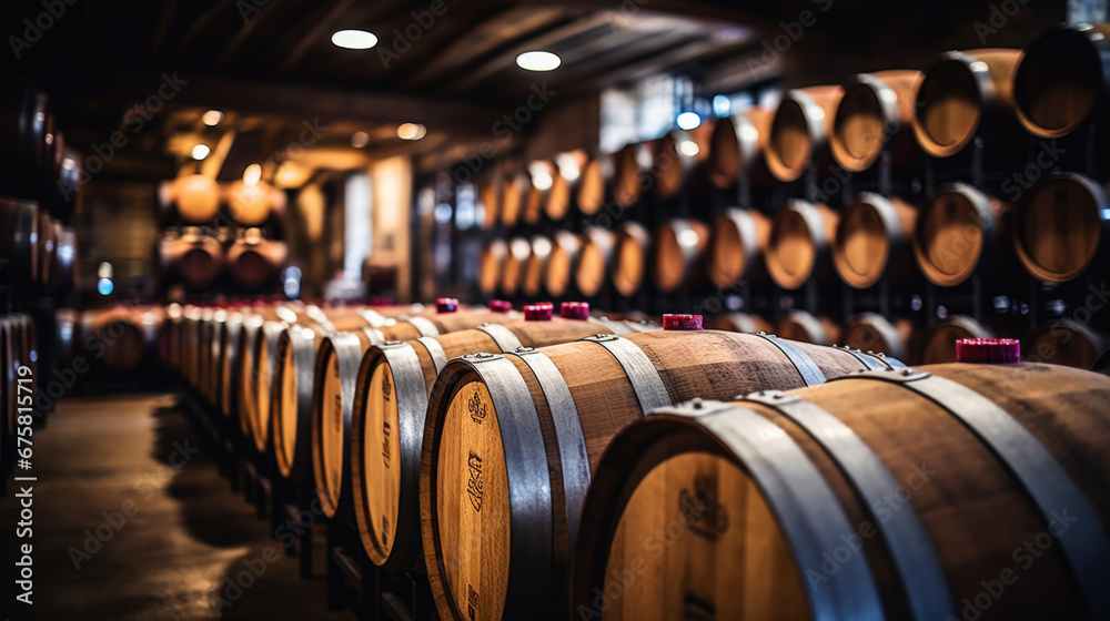 Rows of wine barrels in wine-vaults in order. Cellar with French barrique wine casks. Generative AI