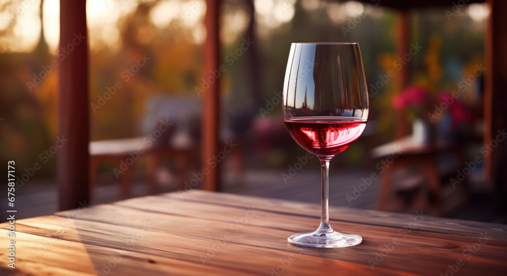 Elegant glass of red wine on blurres background with wine grapes. Young wine. Generative AI