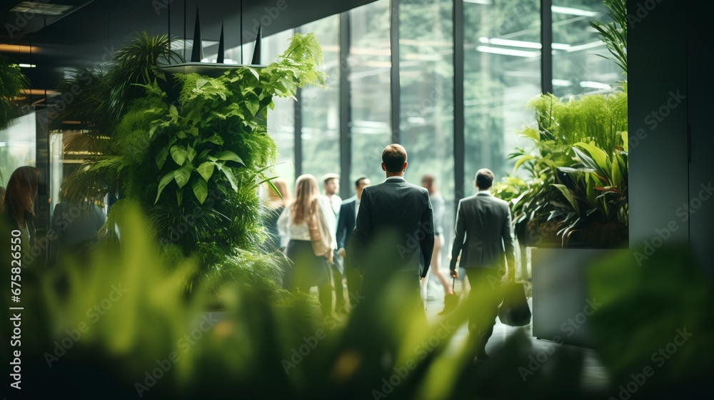 Green office walls with plants. Employee wellness and nature friendly corporate environment with modern, sustainable and ecological office space. ESG standards for responsible business.