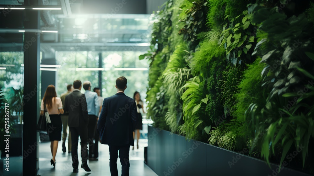 Green office walls with plants. Employee wellness and nature friendly corporate environment with modern, sustainable and ecological office space. ESG standards for responsible business.