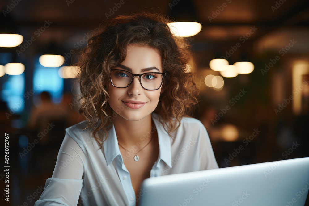 Beautiful Female Wearing Glasses, Information Technology Specialist, Software Engineer or Developer, Using Laptop Computer working in office space.