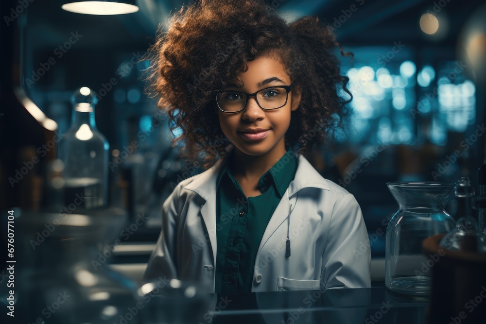 Black little girl dressed as scientist.