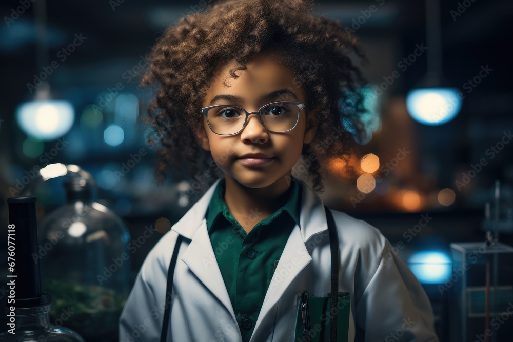 Black little girl dressed as scientist.