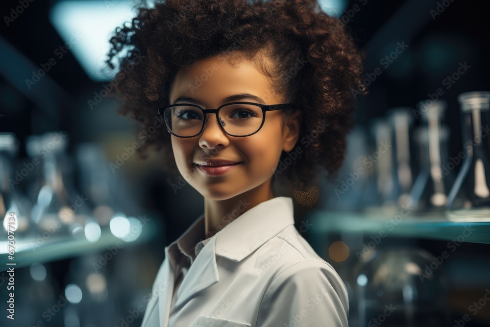 Black little girl dressed as scientist.