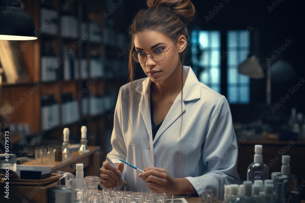 The female pharmacist is in the laboratory, concentrating on mixing medicines.