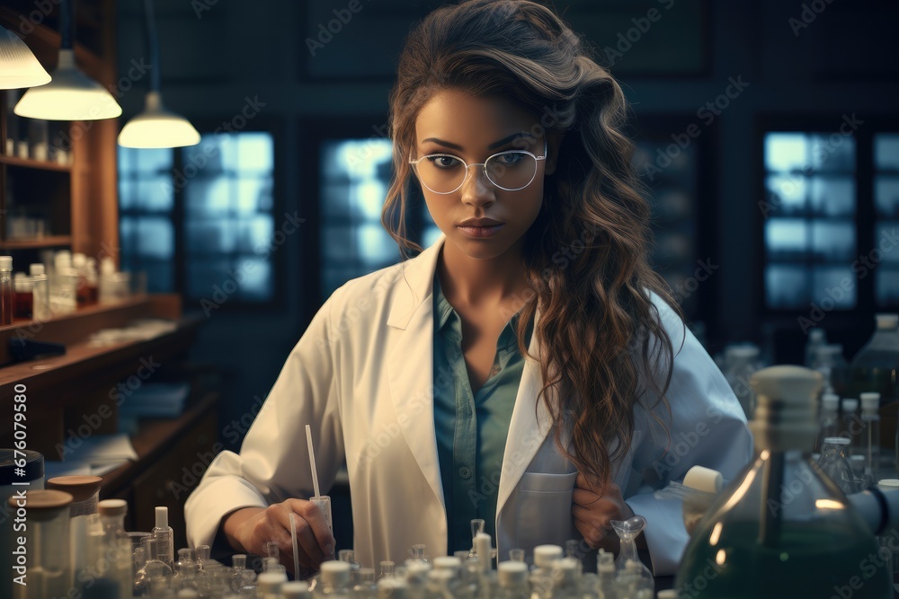 The female pharmacist is in the laboratory, concentrating on mixing medicines.