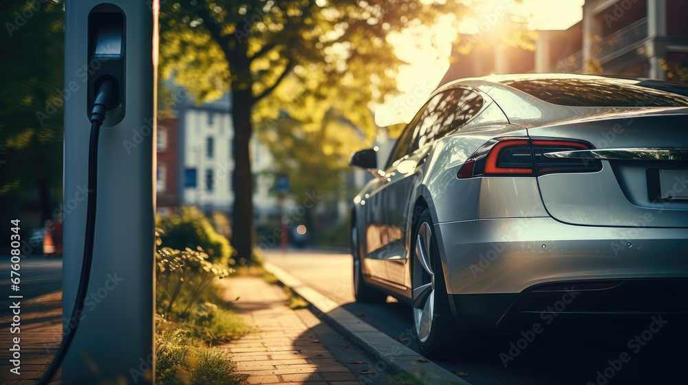 Modern fast electric vehicle chargers for charging car in park, EV charging station.