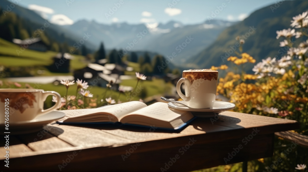 Coffee and small book outside with beautiful view with flowers and the alps in the background, Relaxing.