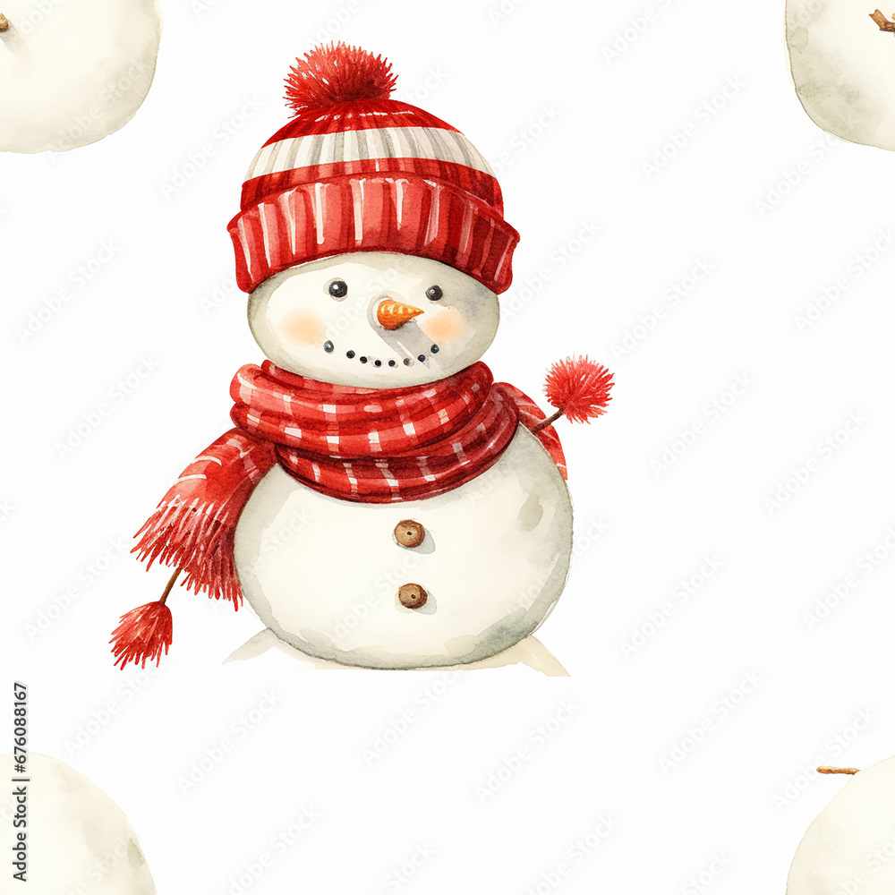 whole body of A cute snowman made of two snowballs. seamless pattern, watercolour