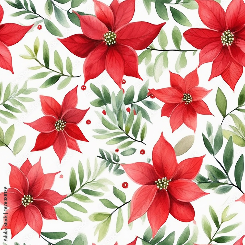 poinsettia christmas flower seamless pattern, watercolour