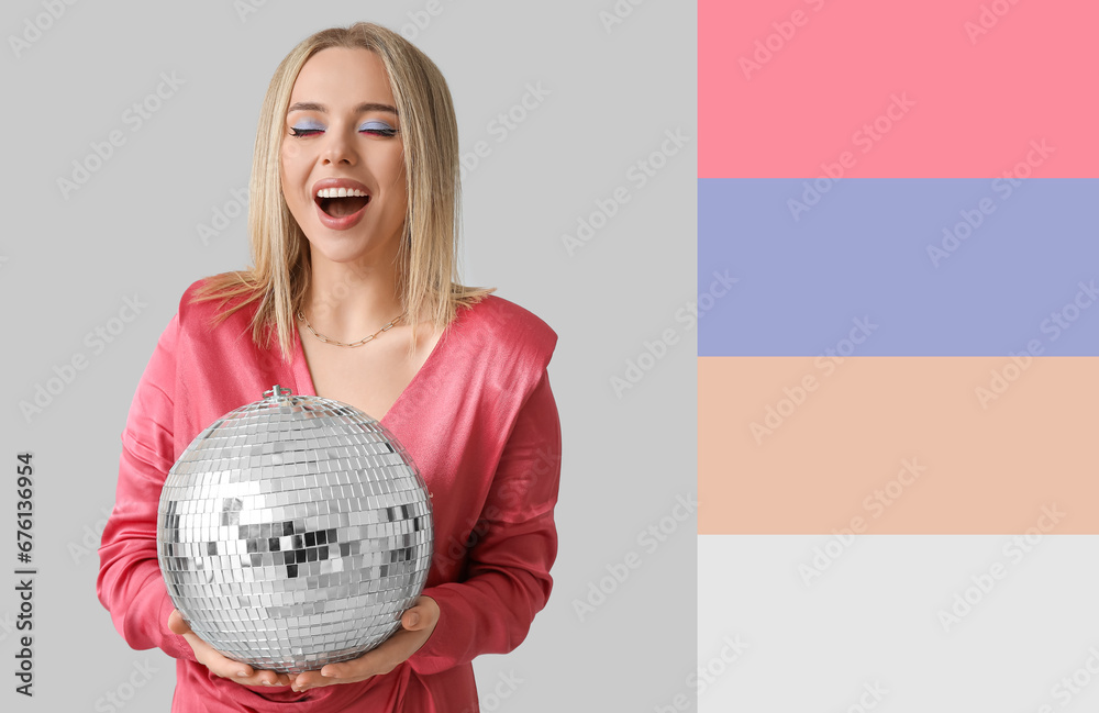 Beautiful happy young woman holding disco ball on grey background. Different color patterns