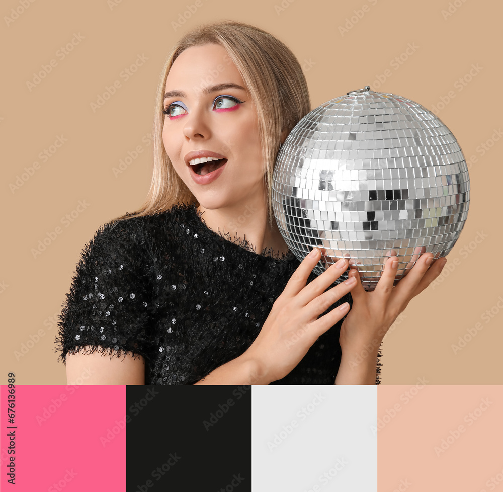 Beautiful happy young woman holding disco ball on beige background. Different color patterns