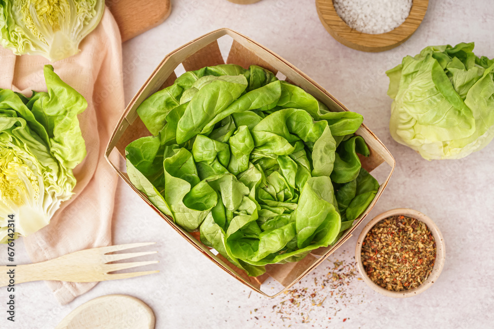 Basket with fresh Boston lettuce on white background